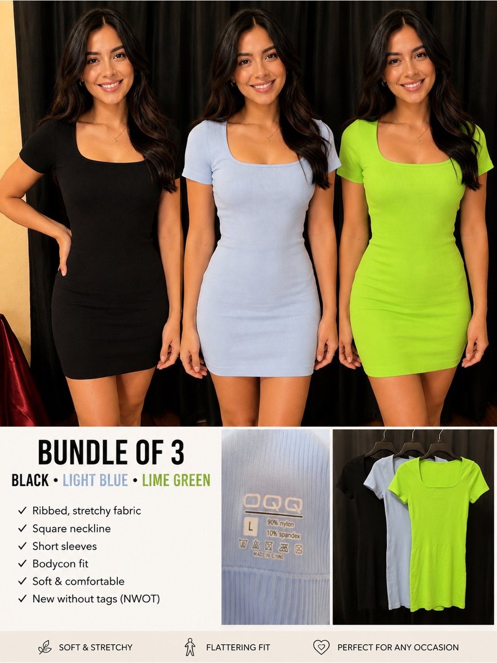 3-Pack Ribbed Square Neck Bodycon Mini Dresses in Black, Light Blue & Lime Green